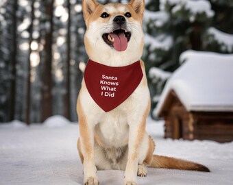 May include: A Shiba Inu dog wearing a red bandana with the text "Santa Knows What I Did" sits in the snow. The dog has tan and white fur and is smiling with its tongue out. The background includes snow-covered trees and a small wooden structure.