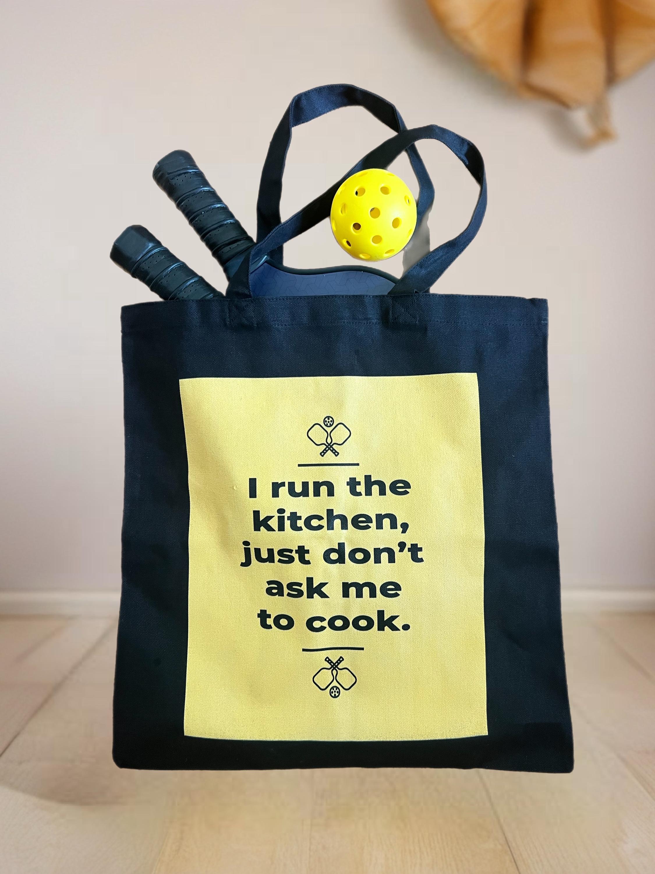 Funny Pickleball Tote Bag: "I Run the Kitchen" Cotton Canvas Court Bag