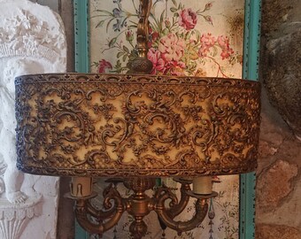 Beautiful antique French light fitting chandelier with pierced shade with tumbling cherubs