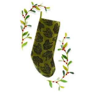 Gopher Frog Christmas Stocking. Olive Green. 100% Cotton. Hand Block Printed & Sewn. image 10