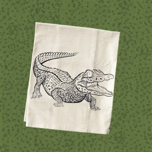 Baby Gator Kitchen Tea Towel. Screen Printed. Kitchen. Dishcloth. 100% Organic Cotton. 28x28 image 1