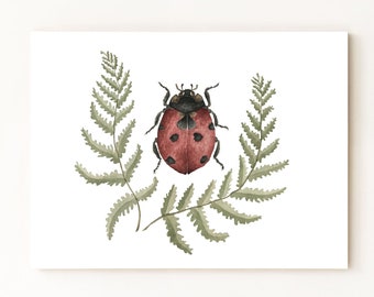 Ladybug Forrest Ferns Print.  Hand Drawn. Watercolor Illustration. 8x10"