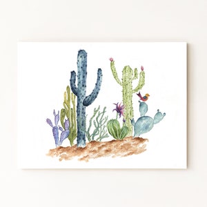 Illustrazione ad acquerello di cactus saguaro e fico d'india nel deserto sud-occidentale. Disegnata a mano. Stampa artistica da parete. 20x25 cm.