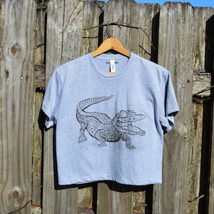 Alligator Gator Hand Drawn Ink Illustration Crew Neck Sweatshirt 100% Cotton Reptile Herpetology outside natural lighting Green Crop Top Gray