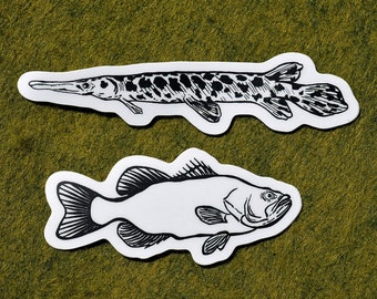 Large Mouth Bass & Alligator Gar Stickers. Hand Drawn. Ink Illustration. Waterproof Vinyl. 4x1"