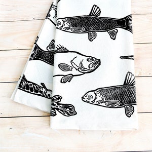 Florida Fish Tea Towel. Large Mouth Bass. Alligator Gar. Grass Carp. Hand Block Printed. Dishcloth. 100% Organic Cotton. 28x28 image 1