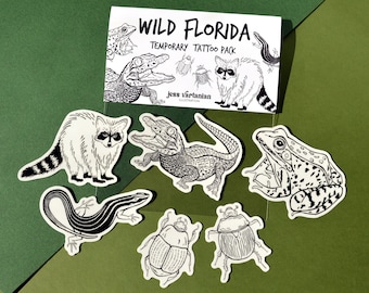 Wild Florida Temporary Tattoo Pack of Five. Baby Gator. Alligator. Raccoon. Beetles. Southern Leopard Frog. Six Lined Racerunner.