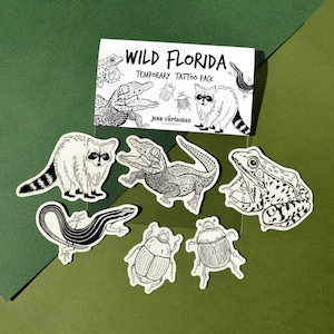 Wild Florida Temporary Tattoo Pack of Five. Baby Gator. Alligator. Raccoon. Beetles. Southern Leopard Frog. Six Lined Racerunner. image 1