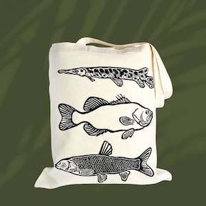 Florida Fish Tote Bag. Alligator Gar. Large Mouth Bass. Grass Carp. 100% Organic Cotton. Hand Block Printed. 14x16"