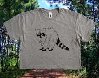 Trash Panda Crop Tshirt. Raccoon. Screen Printed Boxy T-Shirt. Heather Gray.
