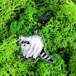 Raccoon, trash panda, key chain, drawing, illustration, olive green, black, ink, illustration, metal, Florida, wildlife art