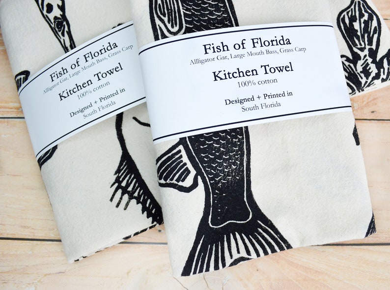 Florida Fish Tea Towel. Large Mouth Bass. Alligator Gar. Grass Carp. Hand Block Printed. Dishcloth. 100% Organic Cotton. 28x28 image 5