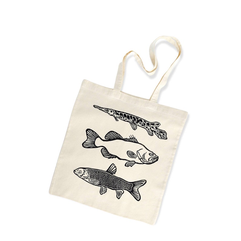 Florida Fish Tote Bag. Alligator Gar. Large Mouth Bass. Grass Carp. 100% Organic Cotton. Hand Block Printed. 14x16 image 8