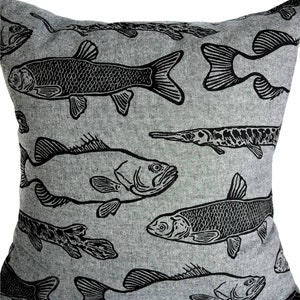 Florida Fish Throw Pillow Slip Cover. Alligator Gar. Large Mouth Bass. Hand Drawn. Linen. Hand Block Printed & Sewn. 19x19 image 3