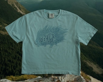 Porcupine Not A Hugger Tshirt. Screen Printed. Mint Blue. Hand Illustrated. 100% Cotton