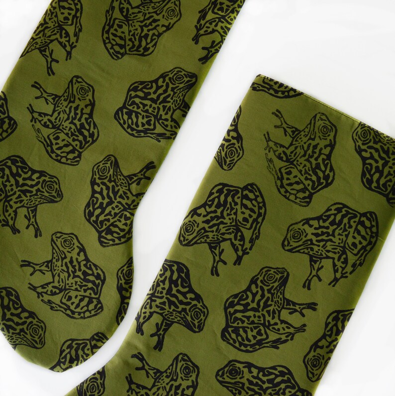 Gopher Frog Christmas Stocking. Olive Green. 100% Cotton. Hand Block Printed & Sewn. image 8