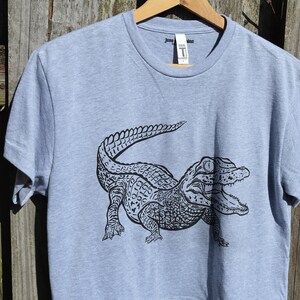 Alligator Gator Hand Drawn Ink Illustration Crew Neck Sweatshirt 100% Cotton Reptile Herpetology outside natural lighting white black gray