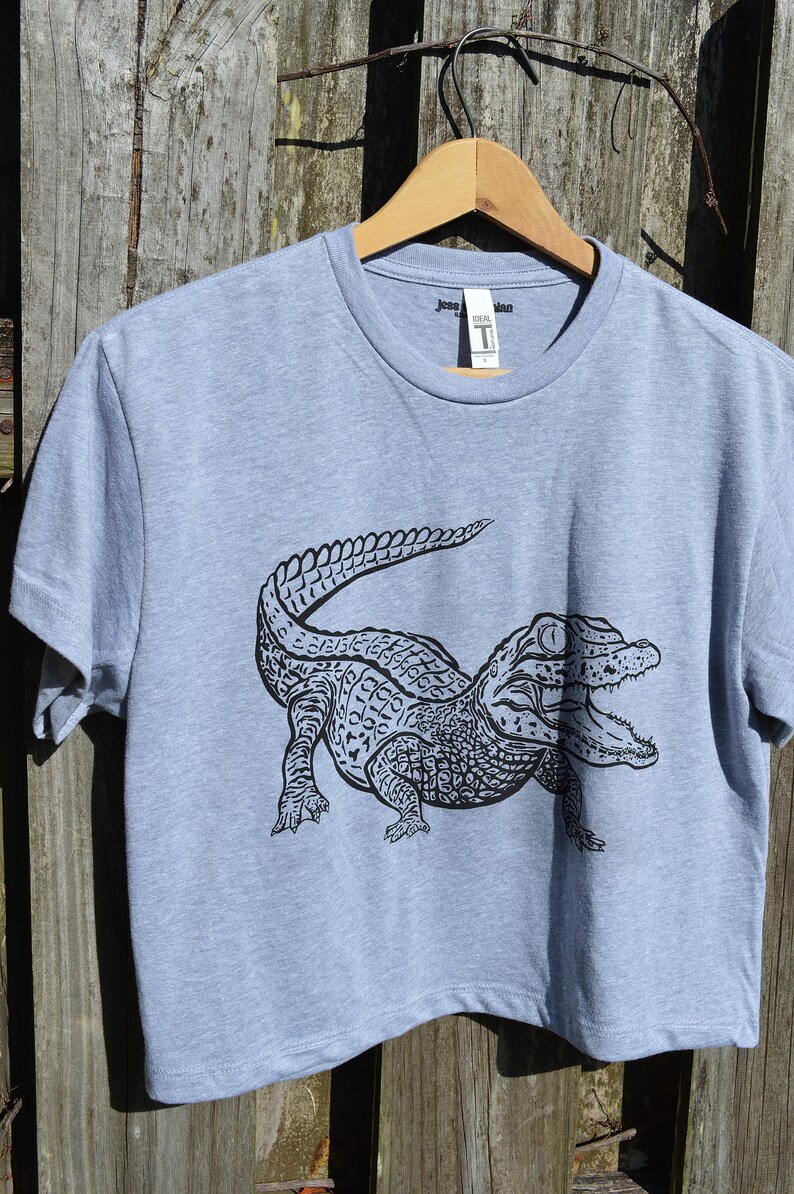 Alligator Gator Hand Drawn Ink Illustration Crew Neck Sweatshirt 100% Cotton Reptile Herpetology outside natural lighting white black gray