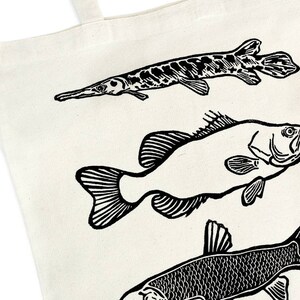 alligator gar, large mouth bass, grass carp, fish, fishing, illustration, wildlife illustration, natural science illustration, cotton tote bag, block printed