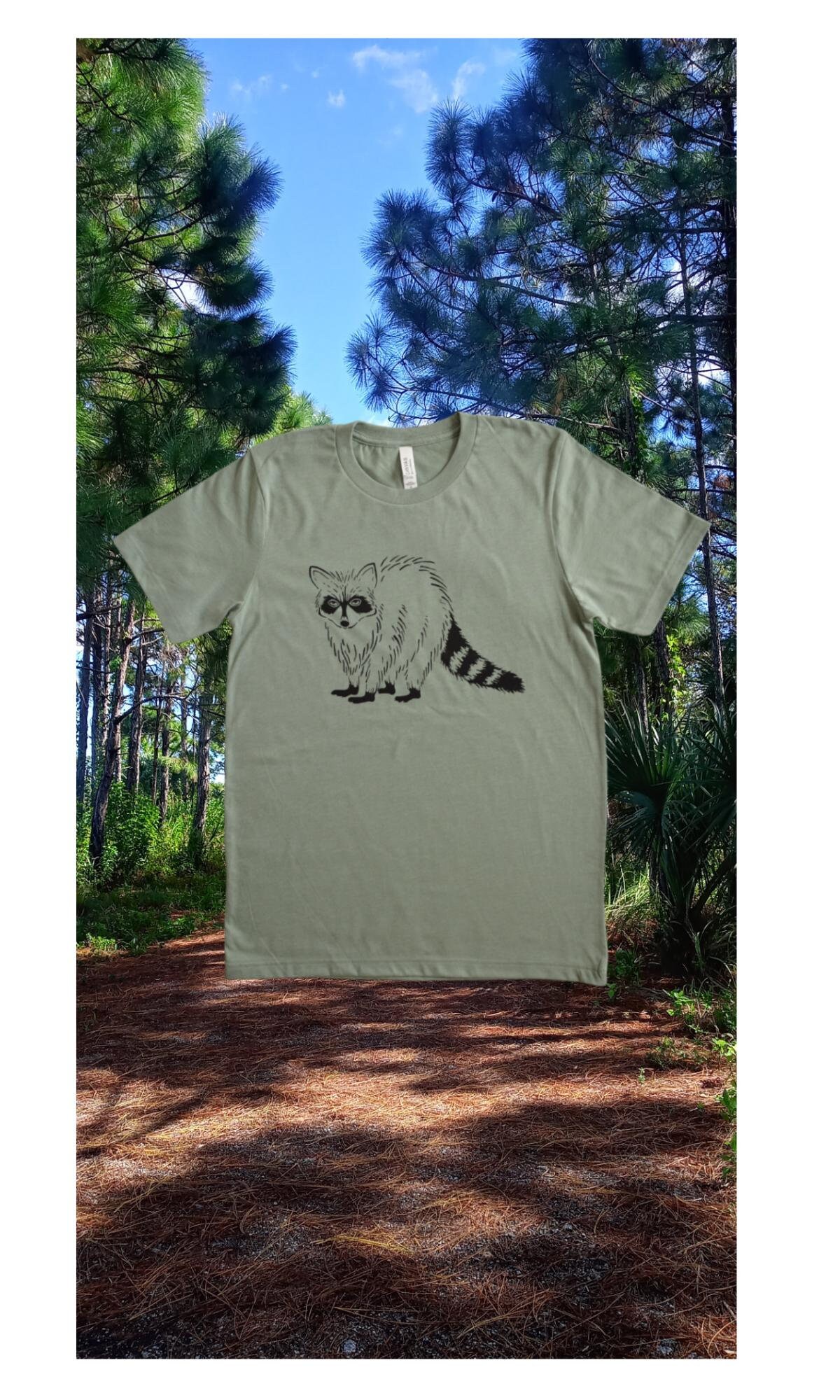 Trash Panda Raccoon Screen Printed Unisex Crew Neck Short Sleeves Sage Green T-Shirt