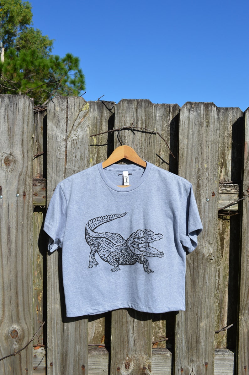 Alligator Gator Hand Drawn Ink Illustration Crew Neck Sweatshirt 100% Cotton Reptile Herpetology outside natural lighting white black gray