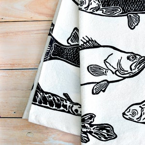 Florida Fish Tea Towel. Large Mouth Bass. Alligator Gar. Grass Carp. Hand Block Printed. Dishcloth. 100% Organic Cotton. 28x28 image 2