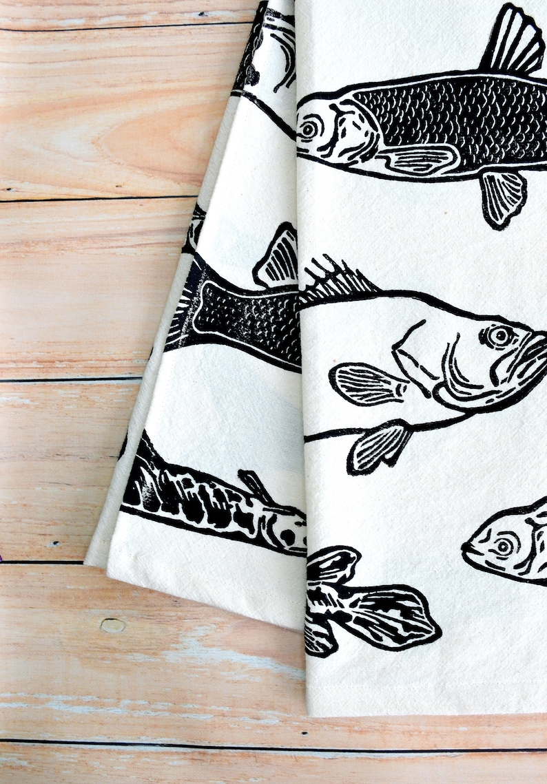 Florida Fish Tea Towel. Large Mouth Bass. Alligator Gar. Grass Carp. Hand Block Printed. Dishcloth. 100% Organic Cotton. 28x28 image 2