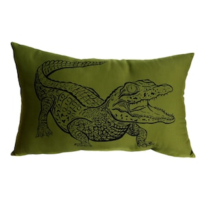 Gator Throw Pillow. Alligator. Olive Green. 100% Cotton. Hand Illustrated. Hand Screen Printed & Sewn. 18x10"
