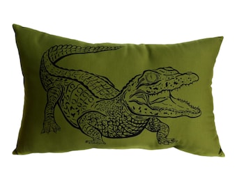 Gator Throw Pillow. Alligator. Olive Green. 100% Cotton. Hand Illustrated. Hand Screen Printed & Sewn. 18x10"