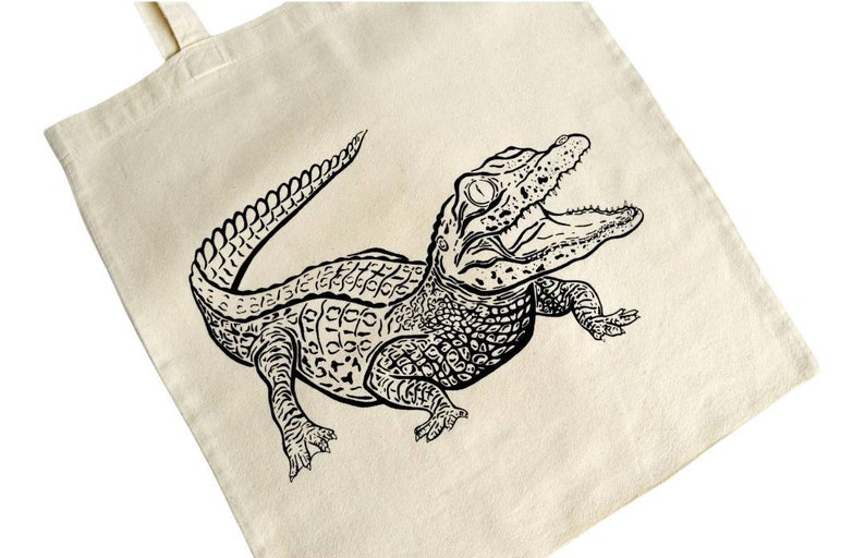 American alligator, gator, hand drawn, ink illustration, Cotton tote bag, wildlife, natural science illustration