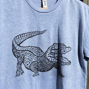 Alligator Gator Hand Drawn Ink Illustration Crew Neck Sweatshirt 100% Cotton Reptile Herpetology outside natural lighting white black gray