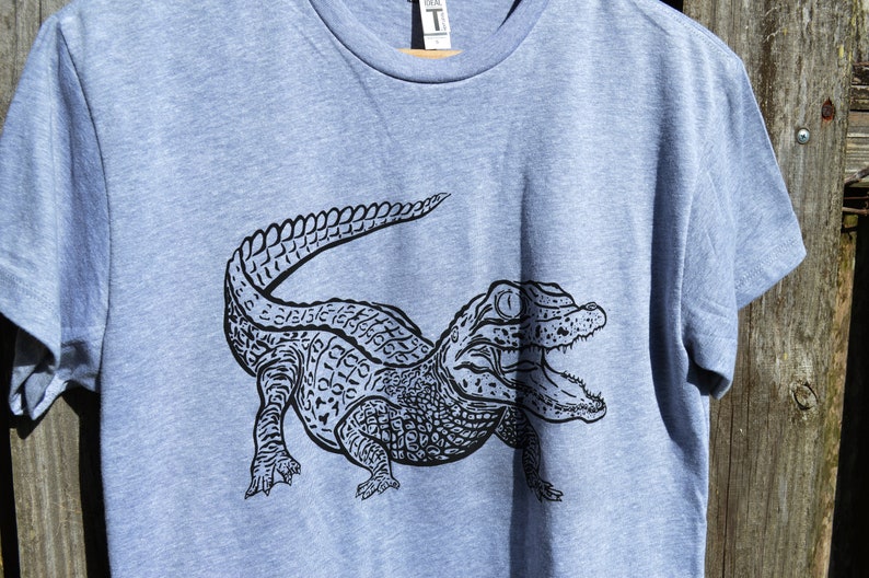 Alligator Gator Hand Drawn Ink Illustration Crew Neck Sweatshirt 100% Cotton Reptile Herpetology outside natural lighting white black gray