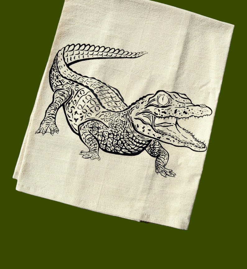 Alligator, Gator, Tea towel, Kitchen Towel, cotton, ink illustration, drawing, raccoon, trash panda, green,