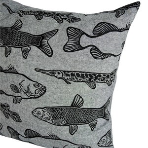 Florida Fish Throw Pillow Slip Cover. Alligator Gar. Large Mouth Bass. Hand Drawn. Linen. Hand Block Printed & Sewn. 19x19 image 8