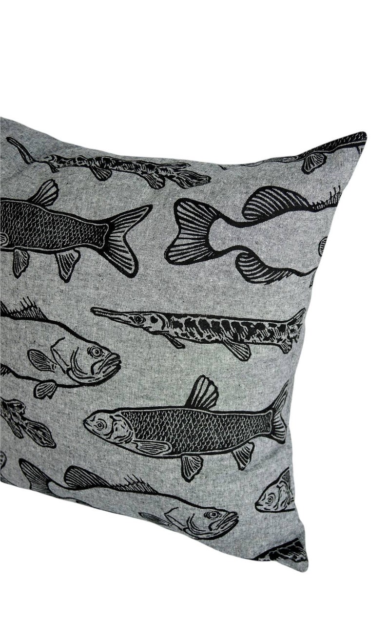 Florida Fish Throw Pillow Slip Cover. Alligator Gar. Large Mouth Bass. Hand Drawn. Linen. Hand Block Printed & Sewn. 19x19 image 8