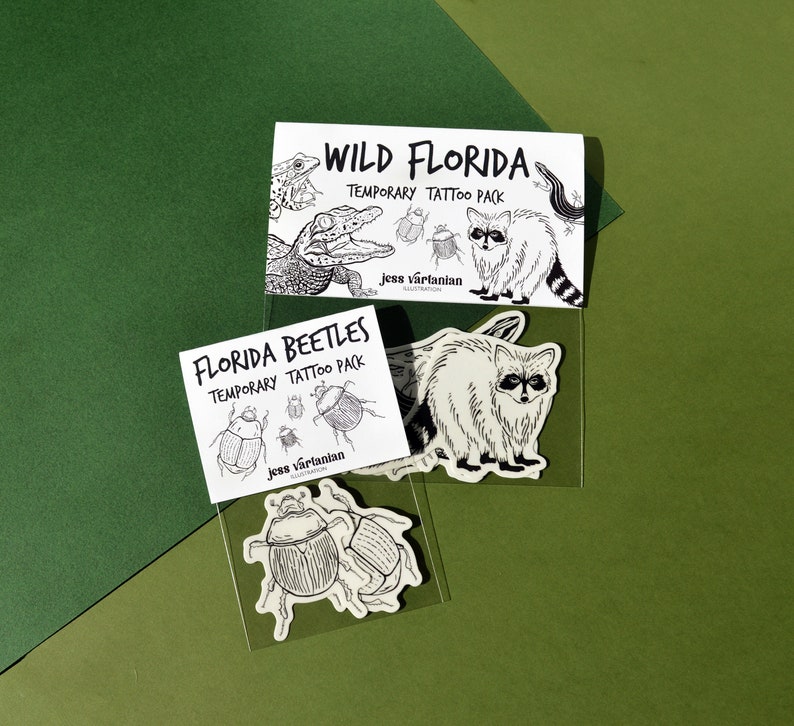 Wild Florida Temporary Tattoo Pack of Five. Baby Gator. Alligator. Raccoon. Beetles. Southern Leopard Frog. Six Lined Racerunner. image 6