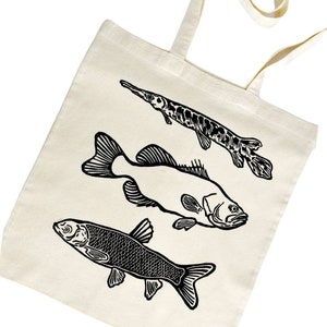 alligator gar, large mouth bass, grass carp, fish, fishing, illustration, wildlife illustration, natural science illustration, cotton tote bag, block printed