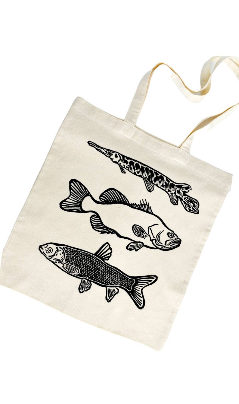 alligator gar, large mouth bass, grass carp, fish, fishing, illustration, wildlife illustration, natural science illustration, cotton tote bag, block printed