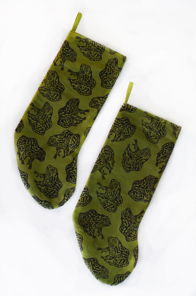 Gopher Frog Christmas Stocking. Olive Green. 100% Cotton. Hand Block Printed & Sewn. image 4
