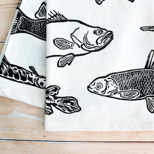 Florida Fish Tea Towel. Large Mouth Bass. Alligator Gar. Grass Carp. Hand Block Printed. Dishcloth. 100% Organic Cotton. 28x28 image 3