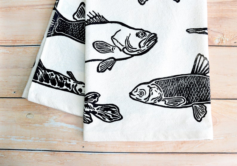 Florida Fish Tea Towel. Large Mouth Bass. Alligator Gar. Grass Carp. Hand Block Printed. Dishcloth. 100% Organic Cotton. 28x28 image 3