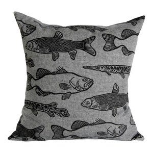 Florida Fish Throw Pillow Slip Cover. Alligator Gar. Large Mouth Bass. Hand Drawn. Linen. Hand Block Printed & Sewn. 19x19 image 2