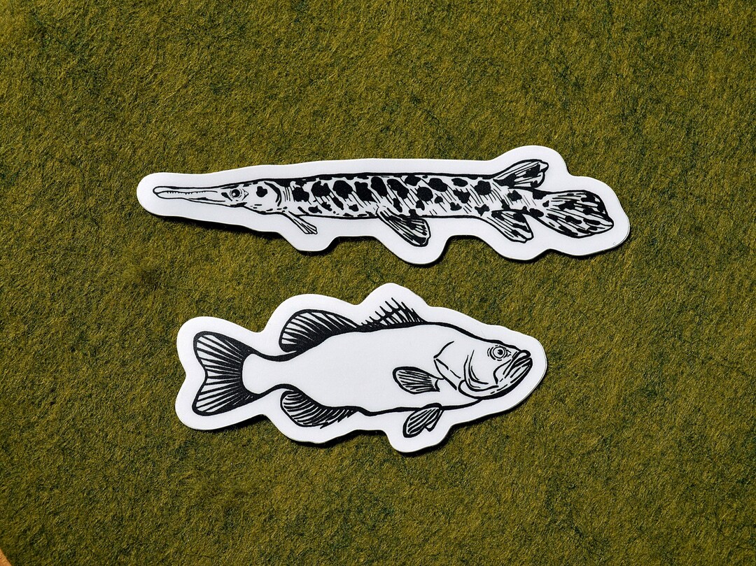 Large Mouth Bass & Alligator Gar Stickers. Hand Drawn. Ink Illustration ...