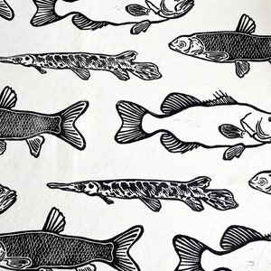 Florida Fish Tea Towel. Large Mouth Bass. Alligator Gar. Grass Carp. Hand Block Printed. Dishcloth. 100% Organic Cotton. 28x28 image 10