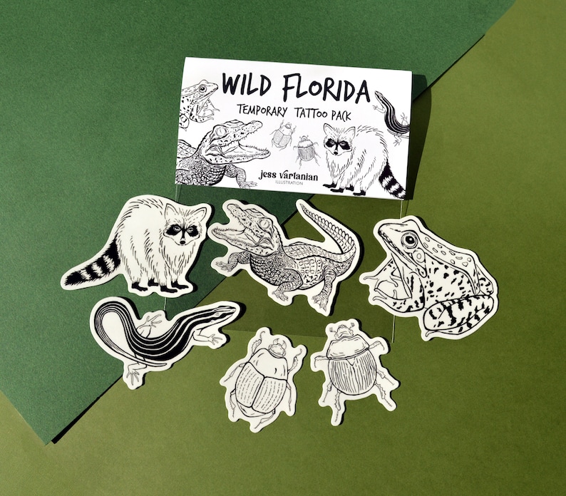 Wild Florida Temporary Tattoo Pack of Five. Baby Gator. Alligator. Raccoon. Beetles. Southern Leopard Frog. Six Lined Racerunner. image 1