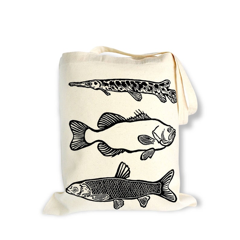 Florida Fish Tote Bag. Alligator Gar. Large Mouth Bass. Grass Carp. 100% Organic Cotton. Hand Block Printed. 14x16 image 10