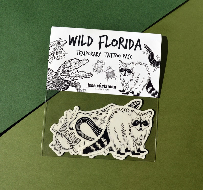 Wild Florida Temporary Tattoo Pack of Five. Baby Gator. Alligator. Raccoon. Beetles. Southern Leopard Frog. Six Lined Racerunner. image 4