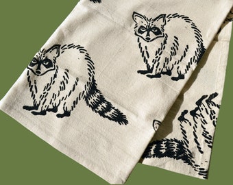 Raccoon Trash Panda Kitchen Tea Towel. Hand Block Printed. Kitchen. Dishcloth. 100% Organic Cotton. 28x28"