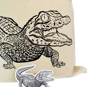 American alligator, gator, hand drawn, ink illustration, Cotton tote bag, wildlife, natural science illustration