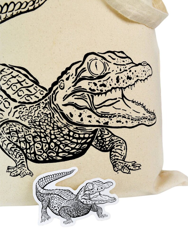 American alligator, gator, hand drawn, ink illustration, Cotton tote bag, wildlife, natural science illustration